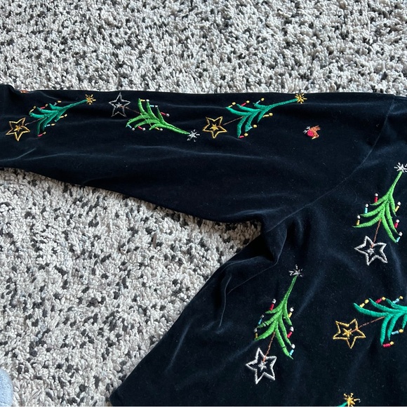 Michael Simon Lite Christmas Cardigan Black Green Embroidered Trees Women’s L - Picture 3 of 16